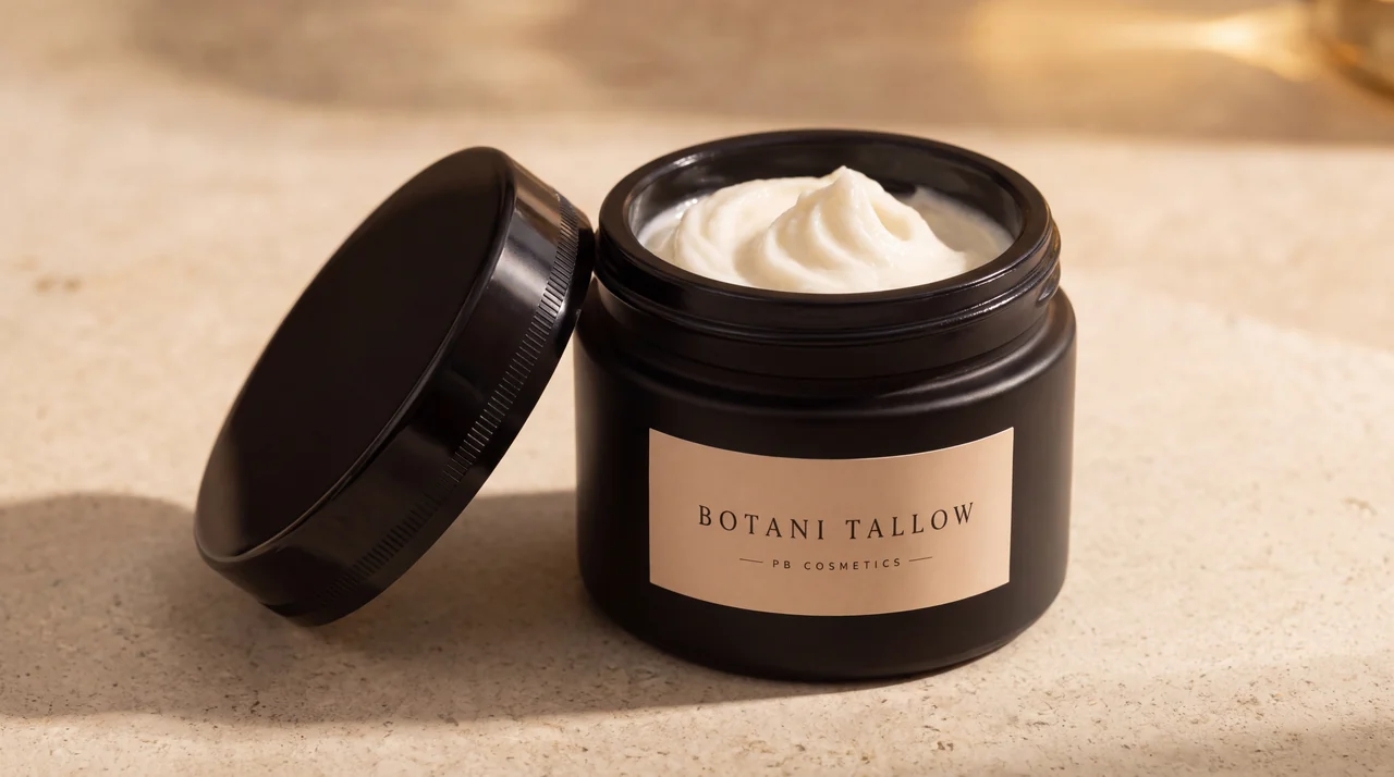Crema Botani Tallow abierta, con la tapa apoyada al lado